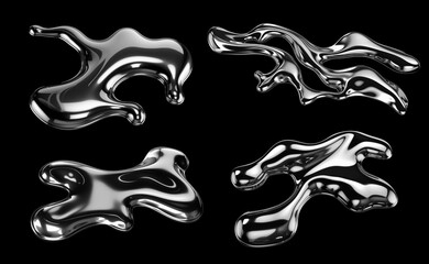 Wall Mural - y2k melted chrome liquid metal shapes set isolated. spilled wavy molten gloss aluminium mercury form