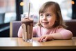 little girl looks warily at an incoming chocolate milkshake