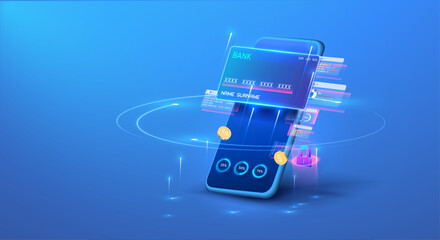 Poster - Futuristic Digital Banking Interface with Credit Cards and Secure Transactions. Online banking, login, protection, The concept of a smart wallet an application for payment by credit and debit card.