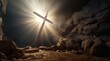 Cross inside a cave, sun rays, concept of Christianity and Easter holiday. Generative AI