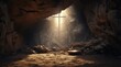 Cross inside a cave, sun rays, concept of Christianity and Easter holiday. Generative AI