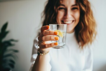 woman cheers with a glass of gin and tonic