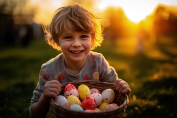 Wall Mural - Landscape with child with basket of Easter eggs, Easter egg hunt. Generative AI