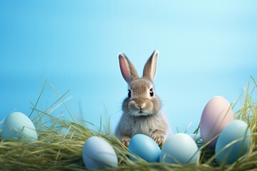 Wall Mural - Rabbit, easter eggs on grass, blue background, easter holiday and culture concept. Generative AI