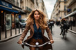 Stylish, elegant and classy woman cycling or riding a bike in the streets of Paris