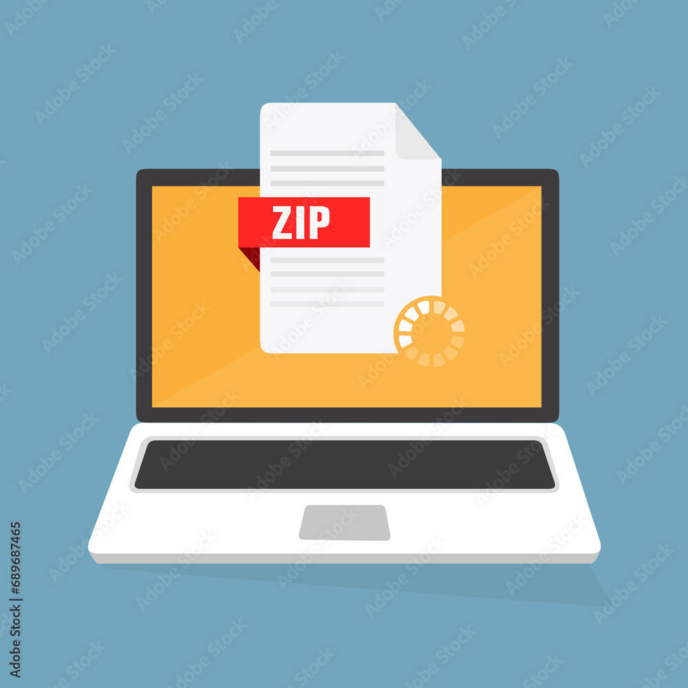 Laptop e scaricare file ZIP, documento di file ZIP sullo schermo ...
