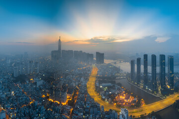 Wall Mural - August 23, 2023: Panorama of District 1, Ho Chi Minh City in the early morning