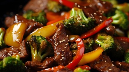 Wall Mural - Close-up details of a delicious Chinese stir-fry, capturing the vibrant vegetables, perfectly cooked proteins, and the glossy sauce against a simple white background, background image, generative AI