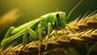 Green locust nibbles wheat spikelet, macro, selective focus.