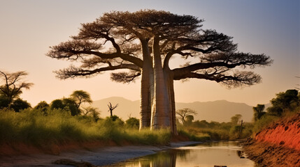 Canvas Print - Baobab tree in the sunset created with Generative AI technology