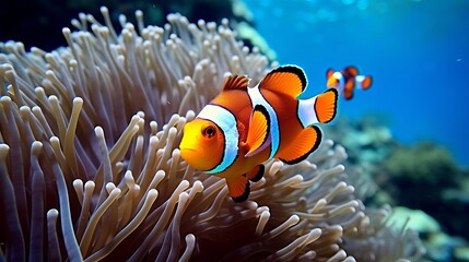 Wall Mural - A colorful reef is home to vibrant clown fish.