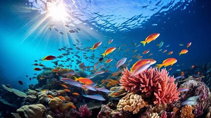 Wall Mural - A stunning reef is the setting for a vibrant school of fish.