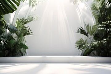 Wall Mural - Minimalist studio setup for showcasing products, featuring a vacant space with window shadows, floral accents, and tropical foliage. 3D room with room for text. Summer performance with hazy backdrop.