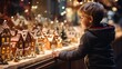 A young child fascinated by festive displays in a store window on a cold winter night, while a visitor observes holiday trinkets and decorations at a traditional Christmas fair.
