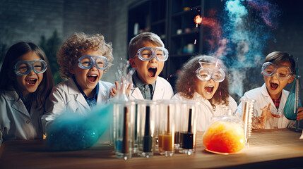 kids science testing in laboratory and surprise excite
