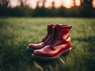 Red shoes. Red boots. Shoes at sunset. AI generated