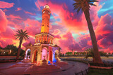 Fototapeta  - Clock Tower fountain in Izmir, Turkey, a spectacle at sunset. Its unique architectural design attracts residents and visitors. Common gathering spot and also serves as washing fountain for wudu ritual
