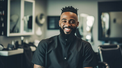 Portrait of handsome young african american barber posing with his arms crossed inside a barbershop. 
