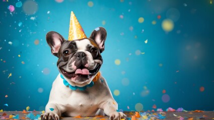 Wall Mural - Happy Birthday, carnival, New Year's eve, sylvester or other festive celebration, funny animals card - French bulldog dog with party hat on blue background with confetti