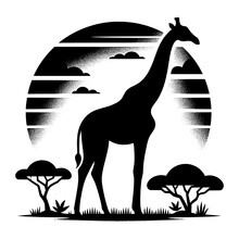 Minimalist Poster Design With A Safari Theme, Featuring The Silhouette Of A Giraffe In Its Natural Habitat