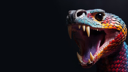 Colourful snake open mouth ready to attack isolated on gray background