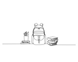 Fototapeta  - Continuous one line drawing of school bag and books. Stationery outline vector illustration. Back to school and education concept. Editable stroke.