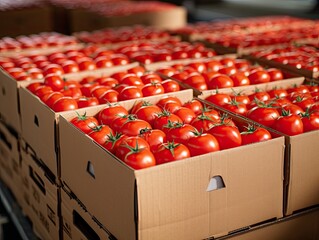 Wall Mural - a row of neatly packed cardboard boxes with tomatoes