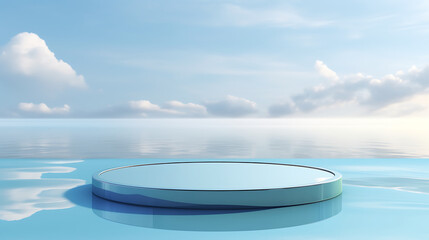 3d render round platform on water and sand with glass wall panels. Minimal landscape mockup for product showcase banner in blue colors. Modern promotion mock up. Generative Ai