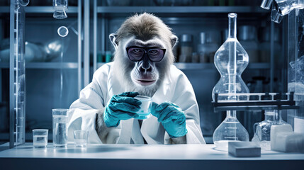 Wall Mural - Little monkey wants to be a scientist, doing science experiments.