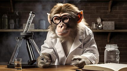 Wall Mural - Little monkey wants to be a scientist, doing science experiments.