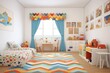 quilted bedcover with colorful patterns in a childs room