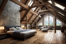 spacious chalet loft bedroom with exposed wooden beams