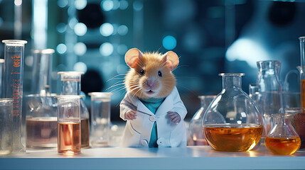 Wall Mural - little hamster Doing science experiments with test tubes and beakers in the laboratory.