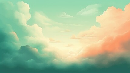 Wall Mural - idyllic heaven with green fluffy colorful clouds, soft and pastel cloudscape with natural light, beautiful natural background