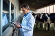 © Anastasiia - Veterinarian Looking At Tablet In Front Of Cows Highquality Photo