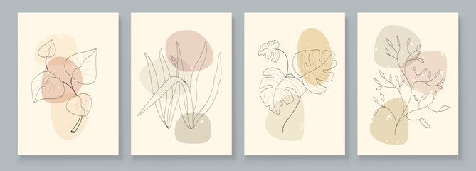 Wall Mural - Abstract Botanical Organic Art Illustration. Set of soft color painting wall art for house decoration. Minimalistic canvas background design. Vector wall art plants in boho style.