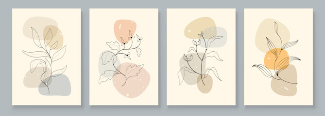 Wall Mural - Abstract Botanical Organic Art Illustration. Set of soft color painting wall art for house decoration. Minimalistic canvas background design. Vector wall art plants in boho style.