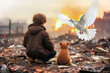 Child with a dove of peace in destroyed bombed city. A dove of peace flies to a child
