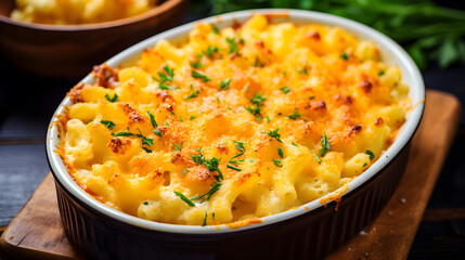 Wall Mural - Mac and cheese, american style macaroni pasta in cheesy sauce