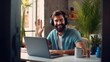 © AIGen - Smile and Wave: A Happy Male Freelancer with Earphones and Laptop Working Remotely from Home on a Virtual Meeting, Webinar, or Video Conference