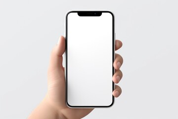 Wall Mural - Isolated Hand Holding White Phone. Man's Hand with White Smartphone on a Smart Background