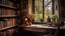 A Rustic Study Nestled In The Heart Of A Countryside Cottage, The Walls Lined With Shelves Holding A Curated Collection Of Well-worn Books. A Handwritten Journal Rests Open On An Aged Oak Desk