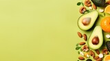 Fototapeta Kuchnia - Keto diet, salmon, avocado, eggs, nuts and seeds, healthy, organic, fresh, ingredient, fish, broccoli, fruit, eating, nutrition, vegetables, nut, cooking.