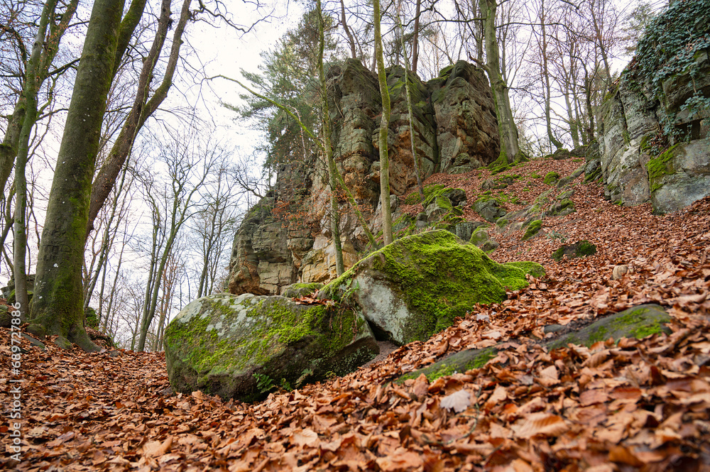 Germany Devil Rocks Devil Gorge at the Eifel, Teufelsschlucht with mighty boulders and ...