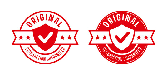 Original satisfaction guaranteed. Checklist, shield, stars, ribbon circle label. For icon, logo, seal, tag, sign, symbol, badge, stamp, sticker, etc. Vector