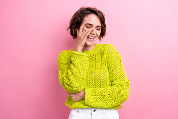 Poster - Laughing funny girl photo of person enjoying listening jokes on stand up show concert touch face joking isolated over pink color background