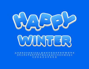 Wall Mural - Vector playful banner Happy Winter. Cute Blue Font for Kids. Modern creative Alphabet Letters and Numbers set. 