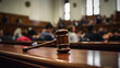 A gavel on a tabletop with blur background of courtroom that full of people .