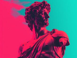 Wall Mural - Greek god sculpture in retrowave city pop design, vaporwave style colors