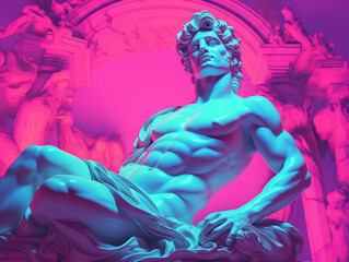 Wall Mural - Greek god sculpture in retrowave city pop design, vaporwave style colors